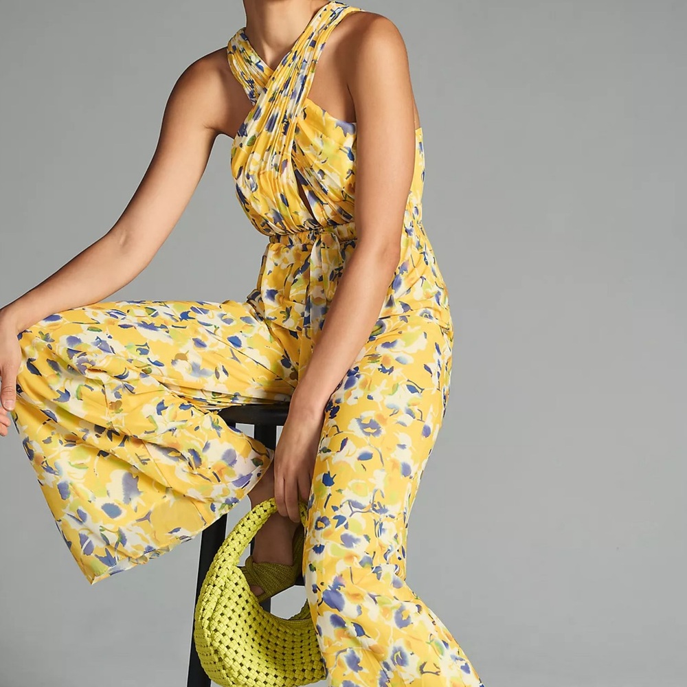 NWT leena for Mac Duggal Wide Leg Cross Halter Yellow Floral Jumpsuit Size 8